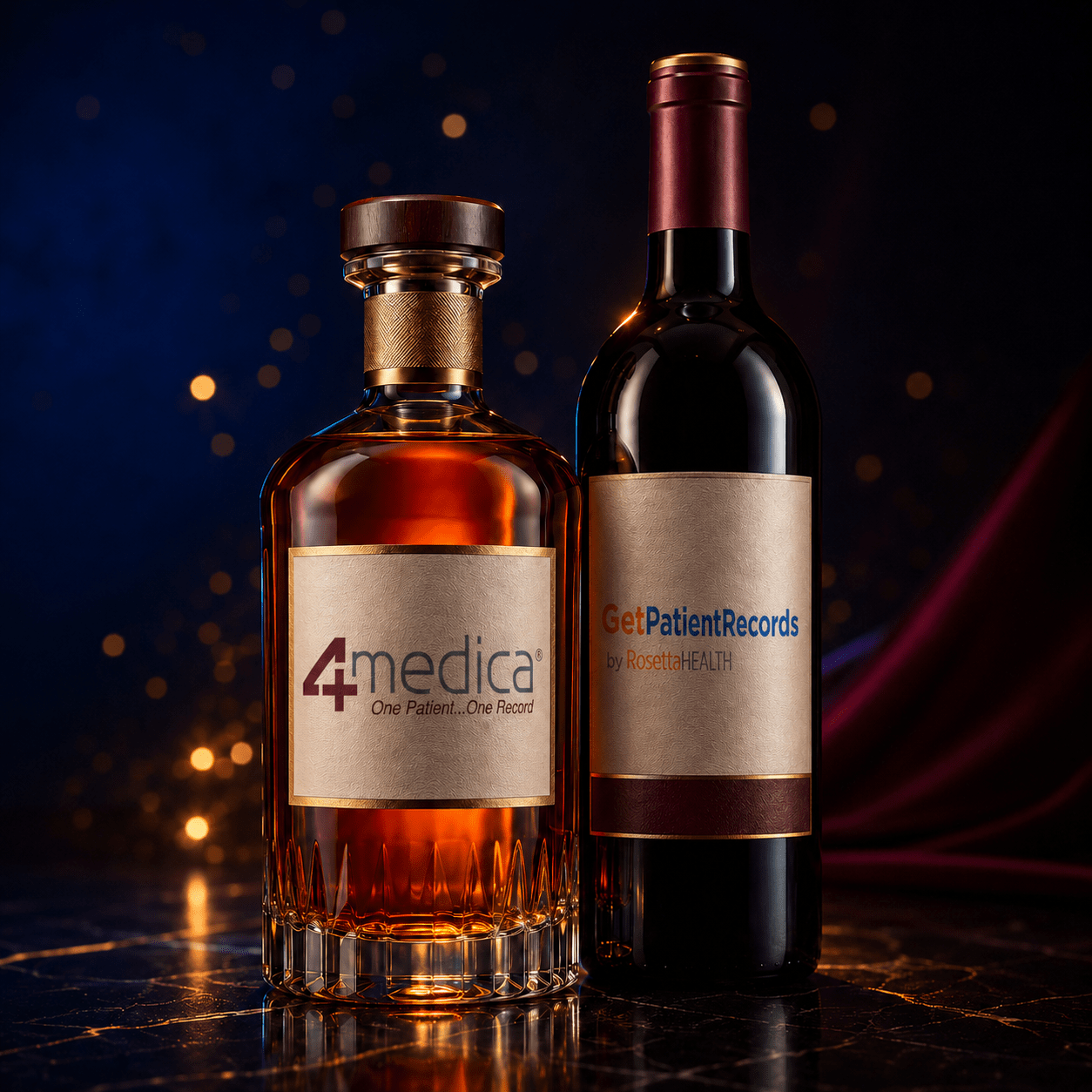 A bottle of bourbon labelled 4medica beside a bottle of wine labelled GetPatientRecords by RosettaHealth